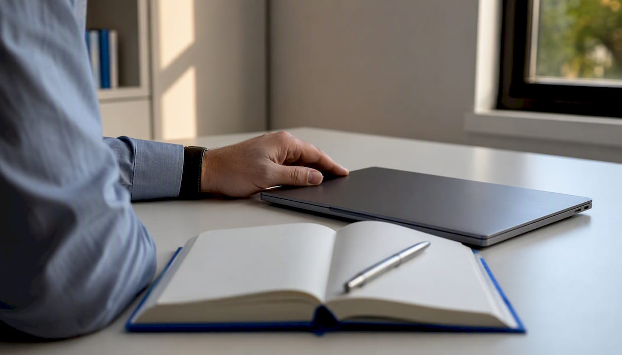 Close-up of hand near laptop on desk