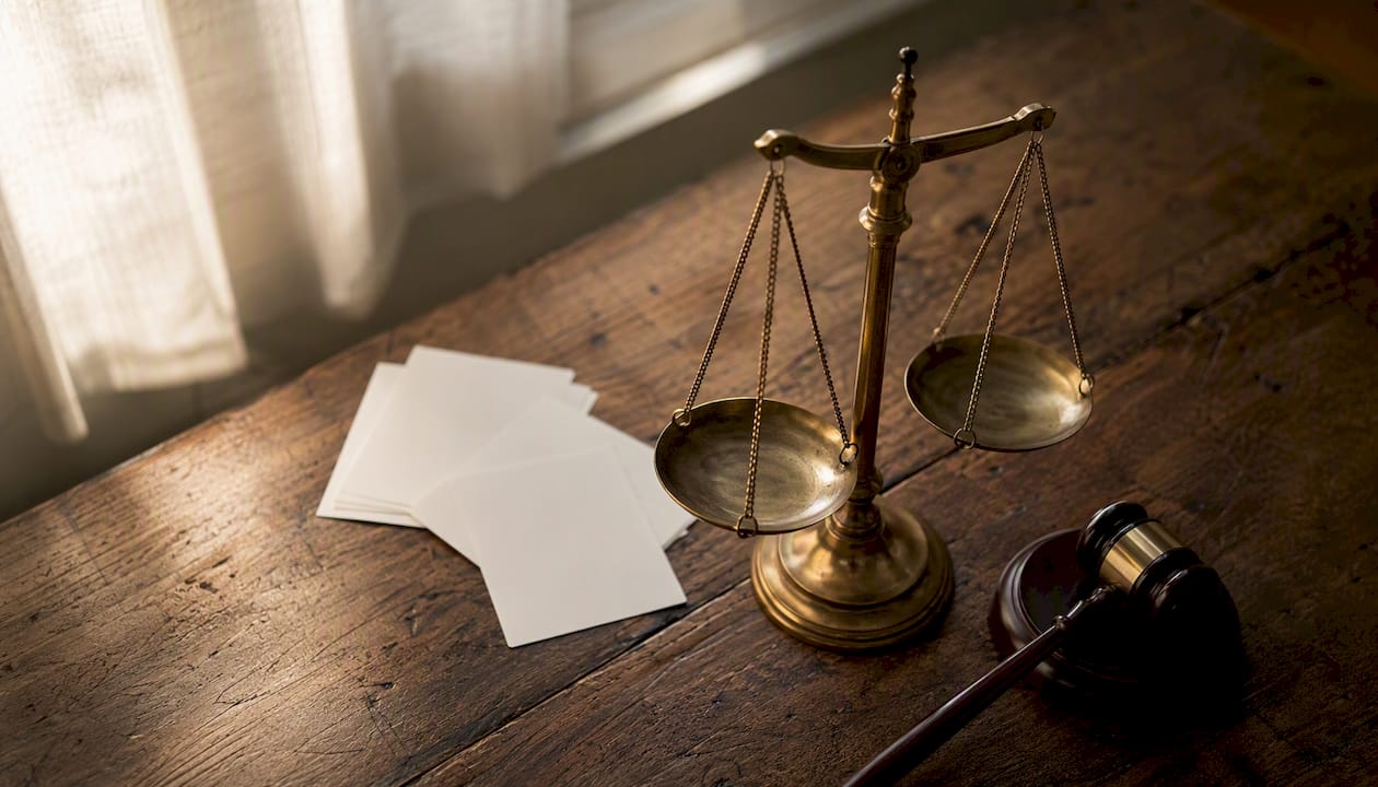 Balance scale with gavel on wooden table