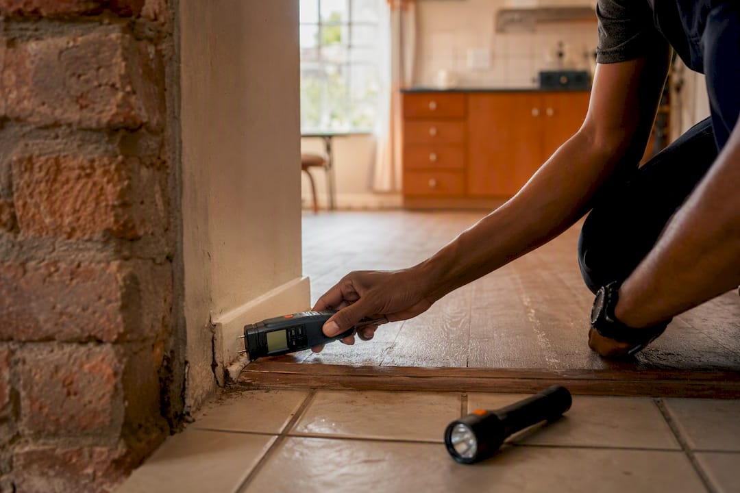 Hand inspecting floor with moisture meter