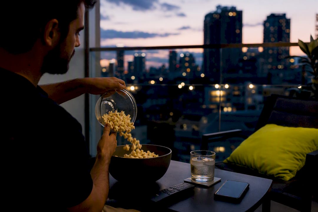 Ktoś nasypuje popcorn do miski, szykując się na wieczór z ulubionym serialem.