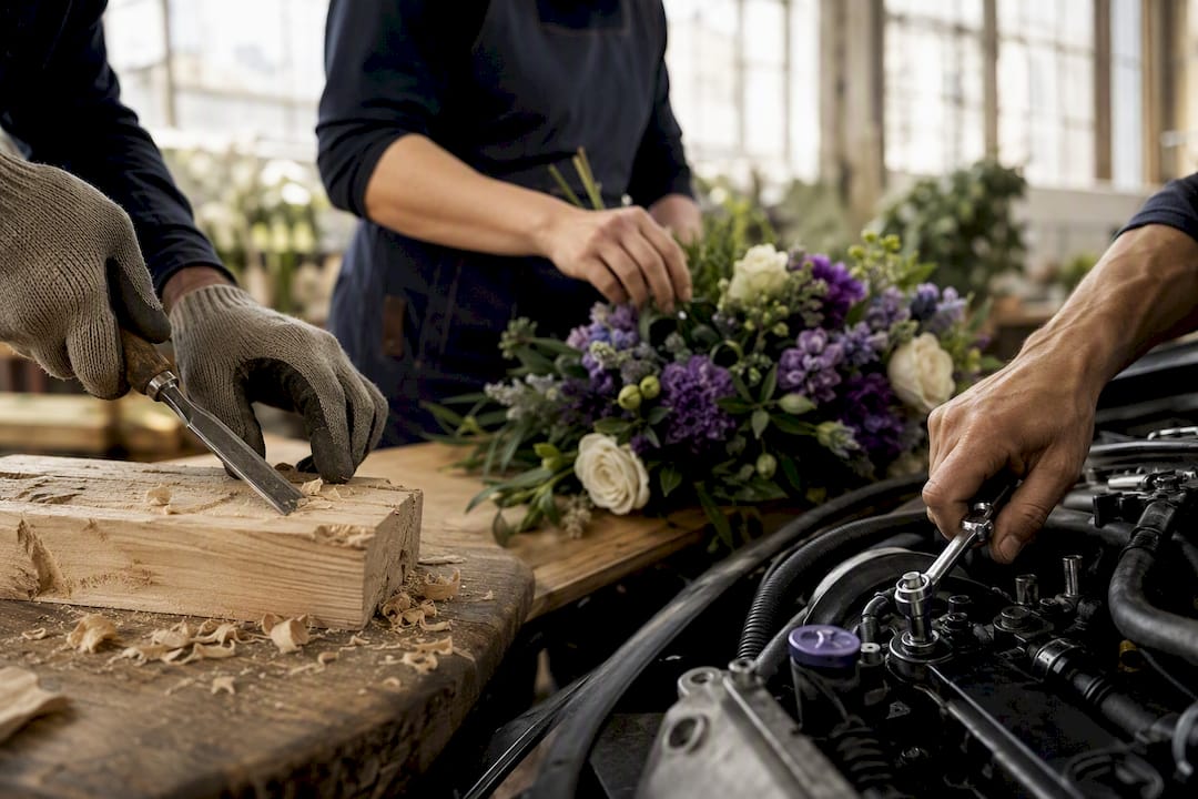 Hands working in diverse trades and care jobs