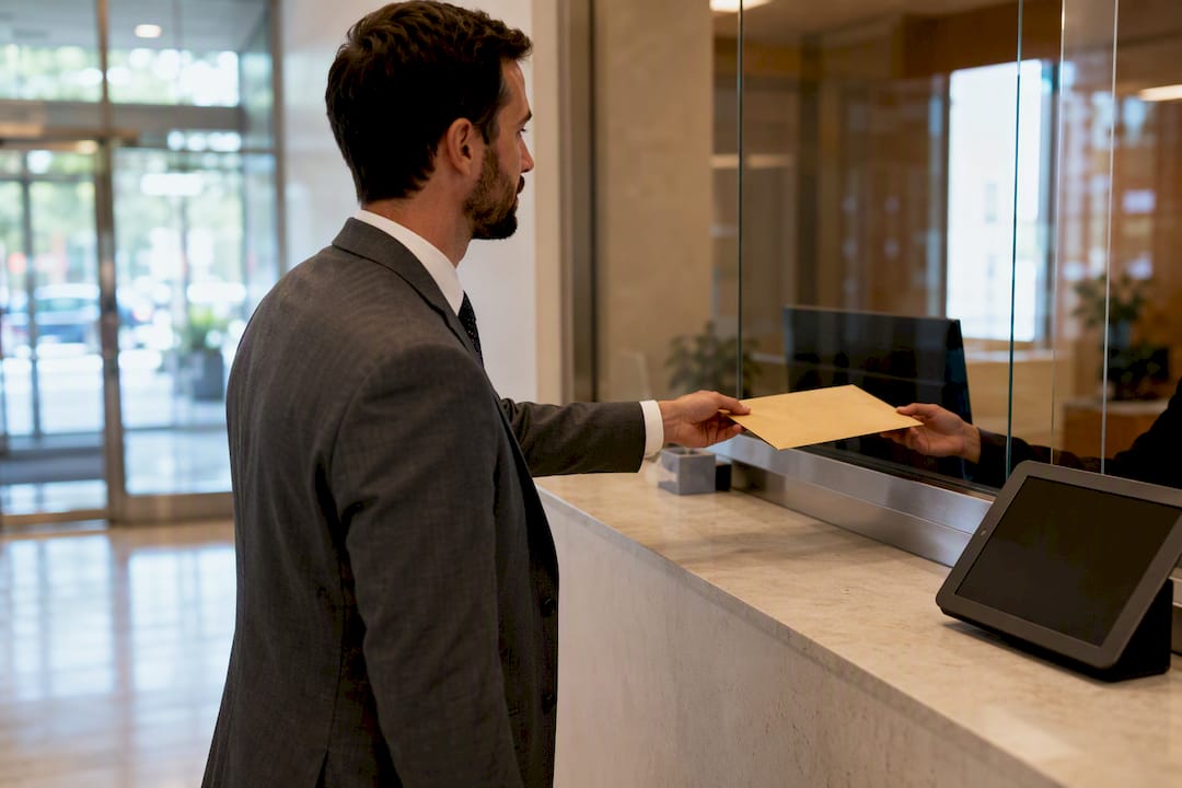 Legal professional handing envelope at office window