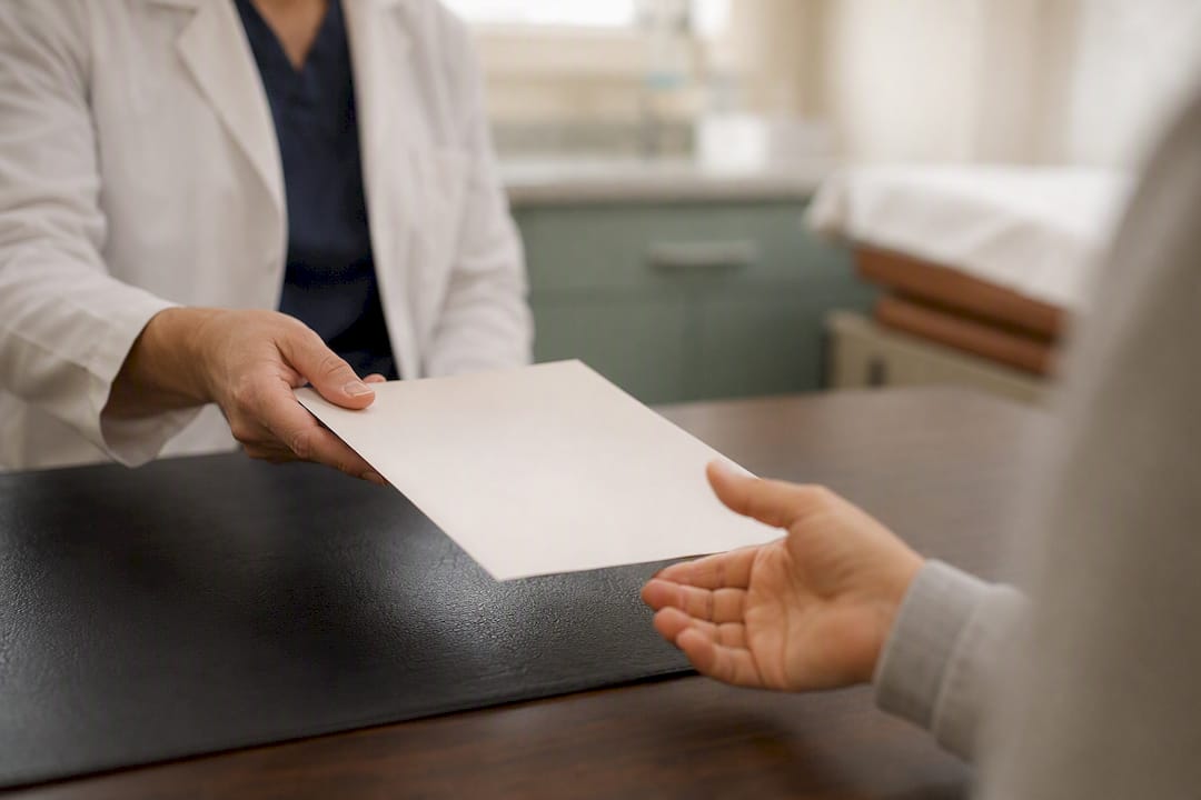 Doctor placing consultation folder handoff