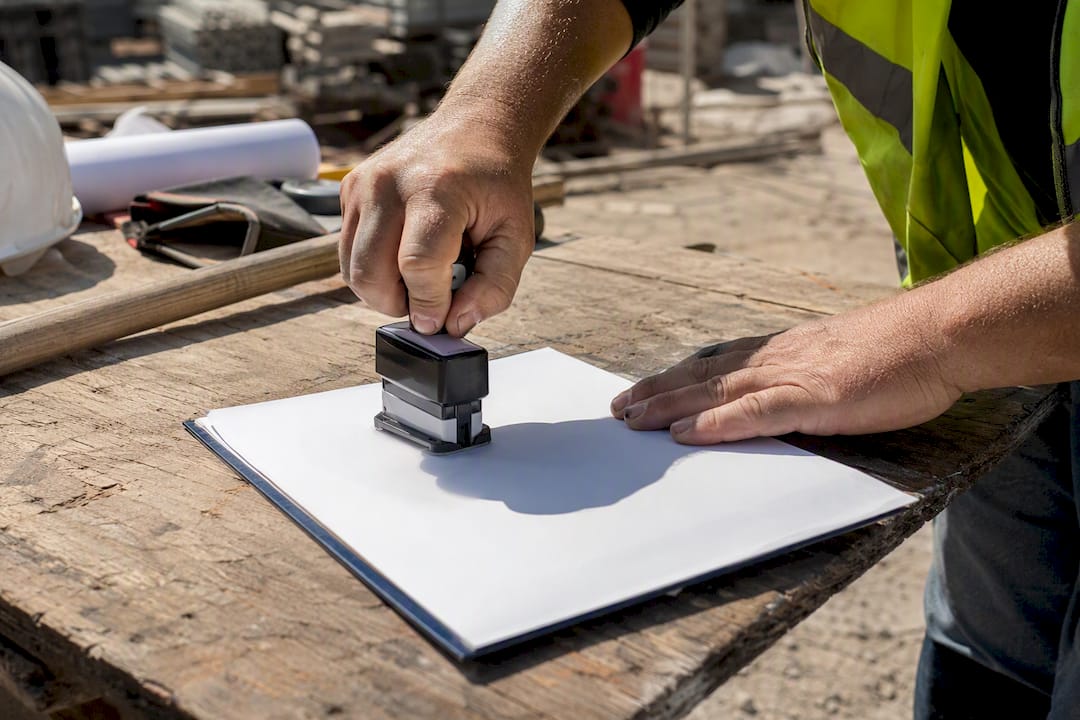 Hand stamping contract folder at construction site