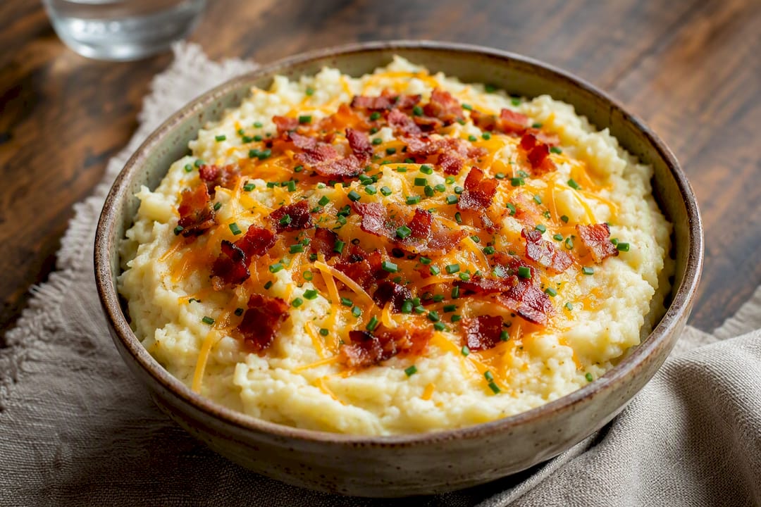 Bowl of loaded mashed potatoes with cheese, bacon, and chives