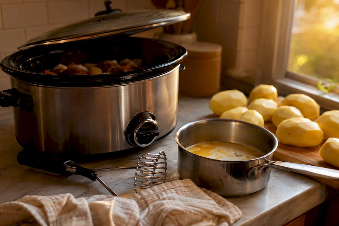Slow cooker and potato masher with warm dairy saucepan