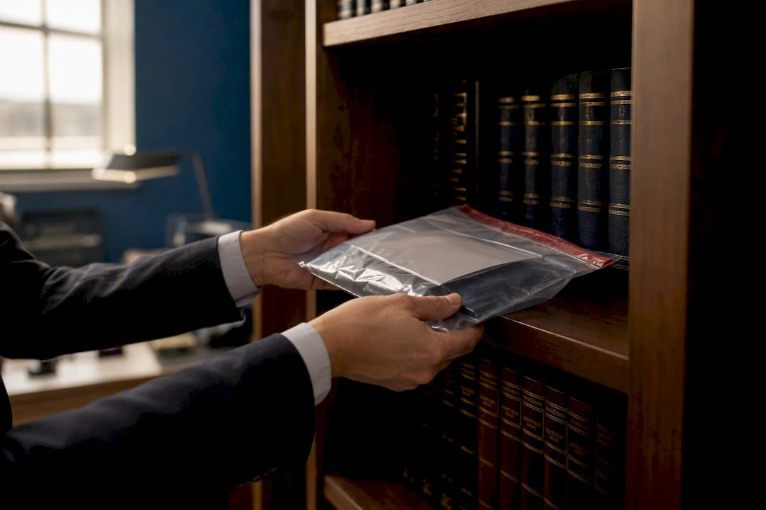 Hands placing sealed evidence bag in courtroom