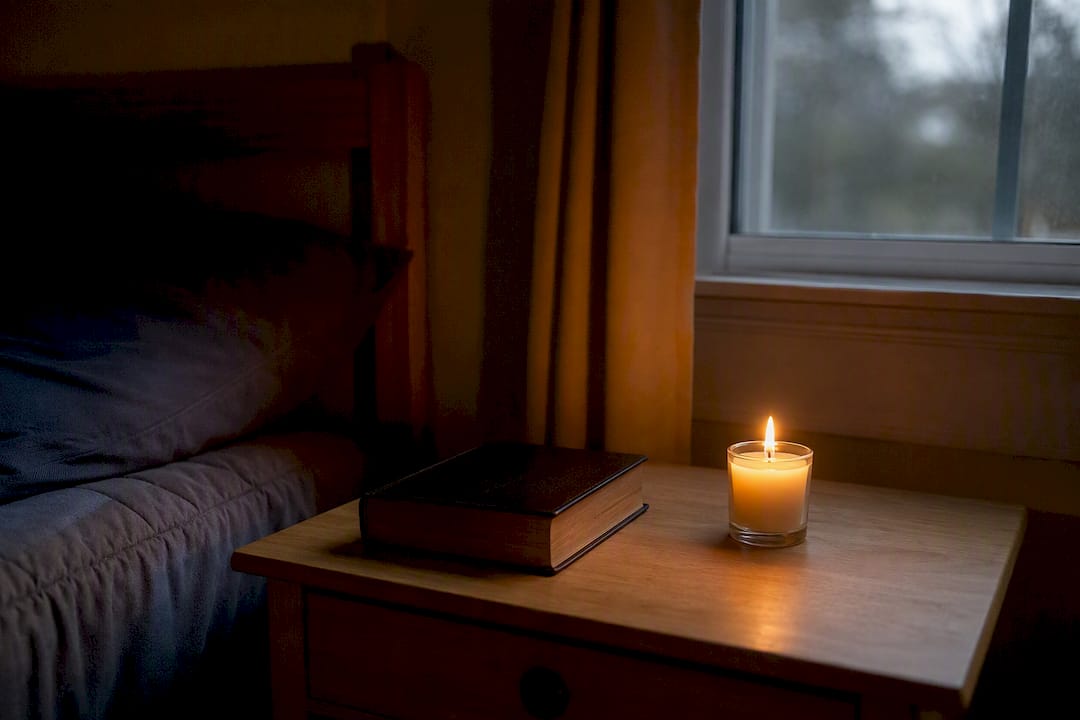 Un angolo tranquillo della stanza, illuminato dalla luce di una candela e con una Bibbia aperta sul tavolo.