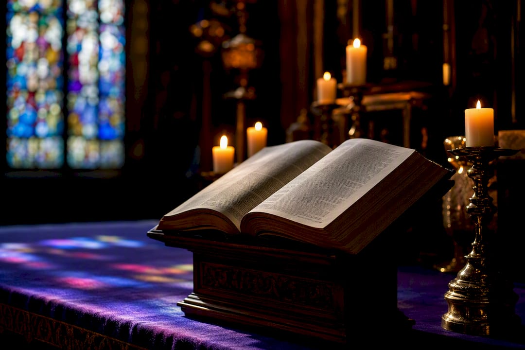 Una Bibbia aperta sull’altare, illuminata dalla calda luce delle candele.