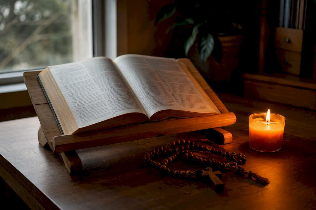 Biblia abierta junto a una vela encendida y un rosario