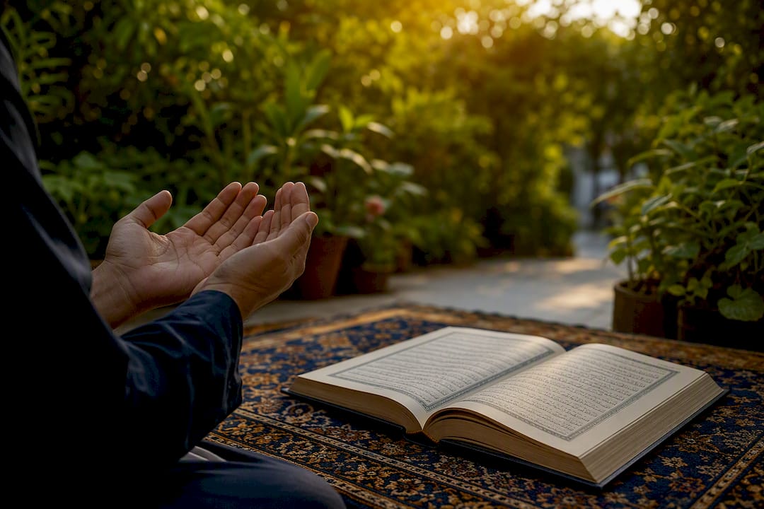 Hands praying near Quran on prayer rug