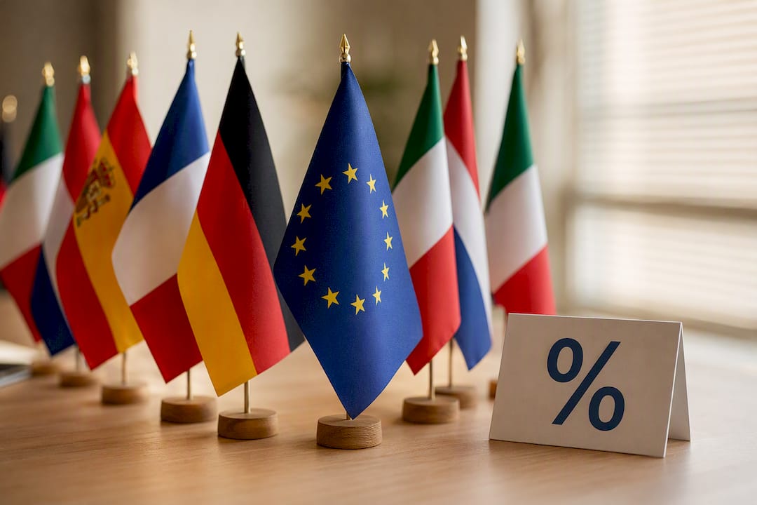 Bandiere dei Paesi europei accompagnate dalle rispettive percentuali di IVA