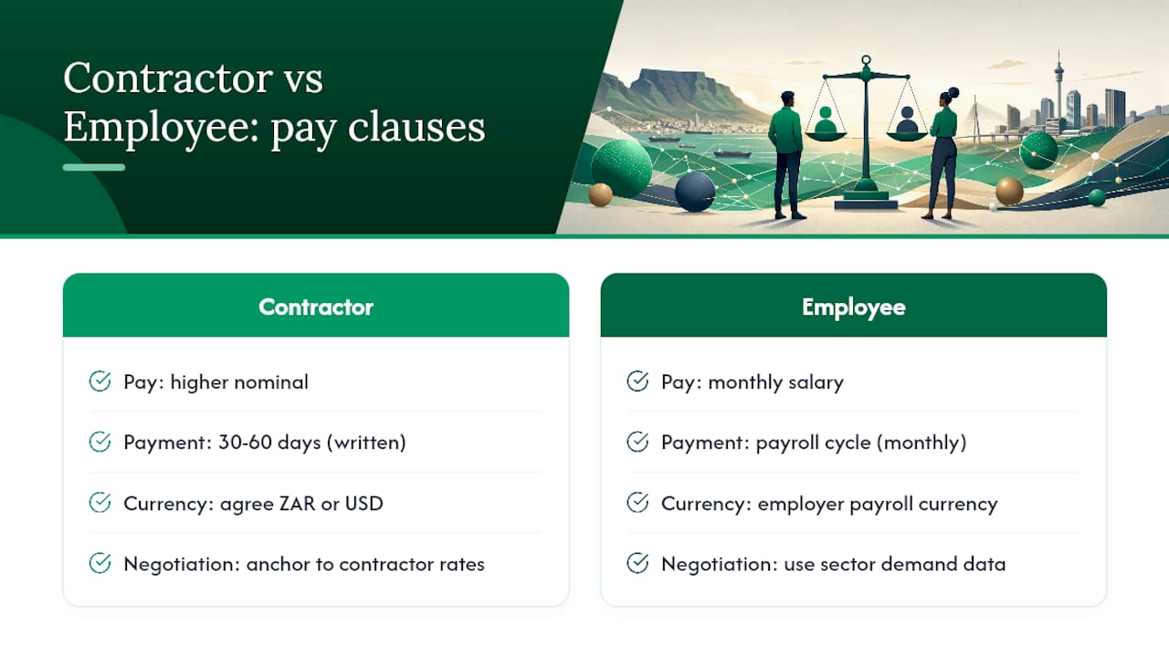 Comparison of remote contractor and employee pay clauses
