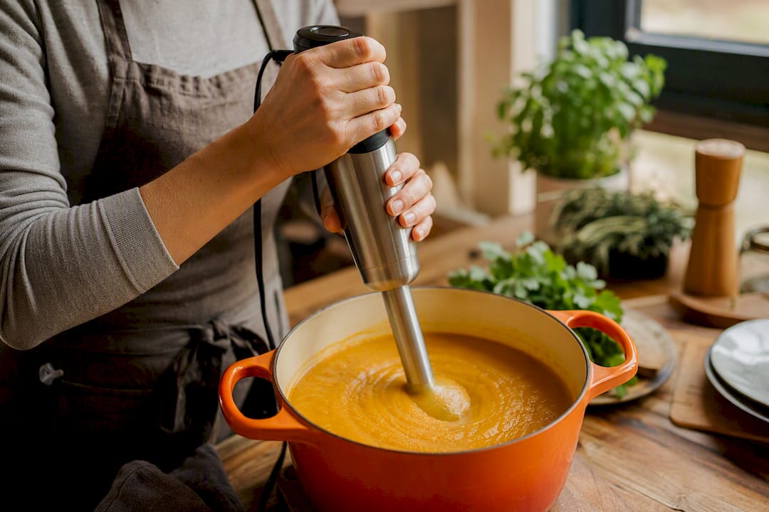 Using immersion blender to blend squash soup