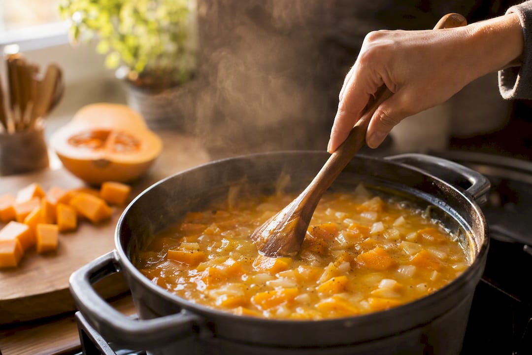 Pot simmering butternut squash soup on stovetop