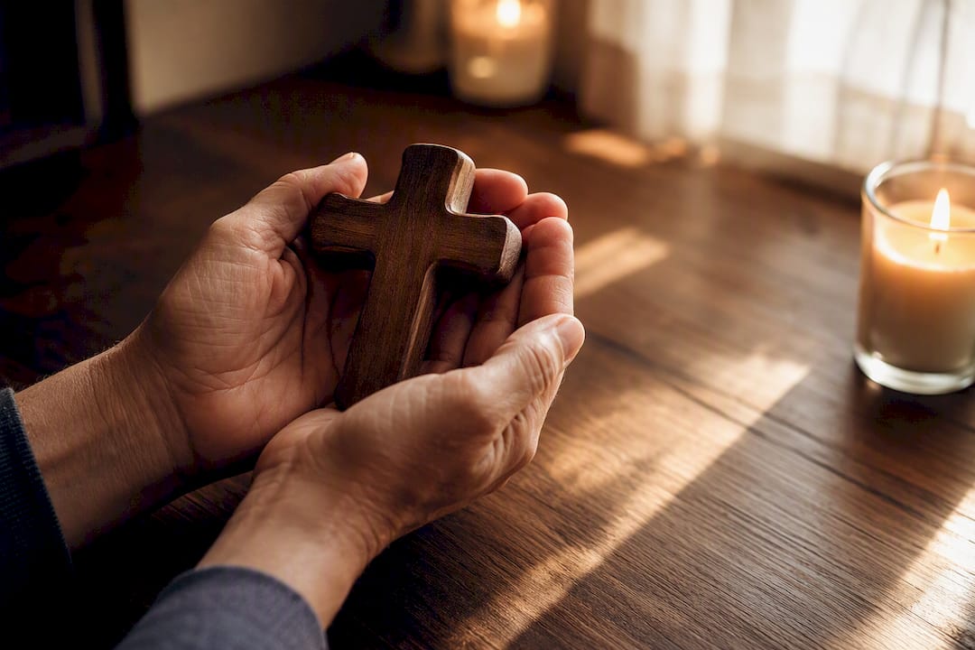 Mani che stringono una collana con un crocifisso in legno