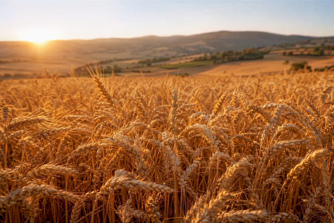 Un campo de trigo dorado brillando bajo el sol