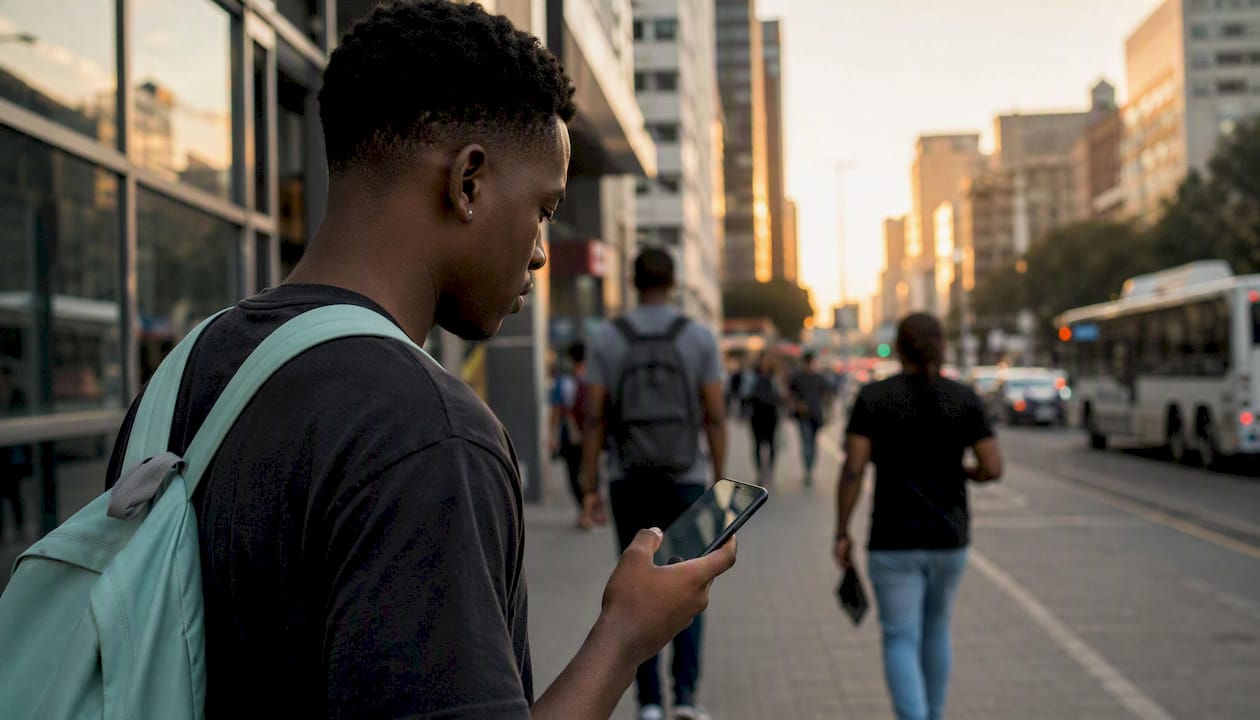 Young person browsing job listings on smartphone outdoors