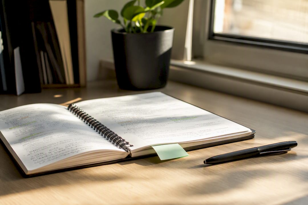 Revision log notebook open on desk