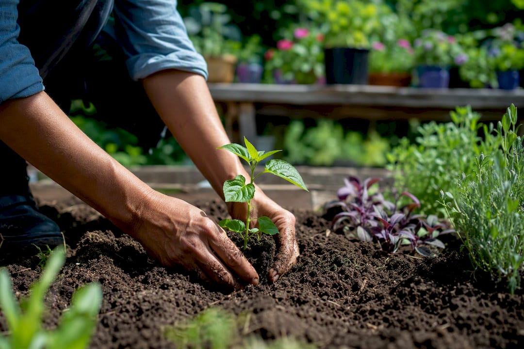 Hands planting seedling in garden soil