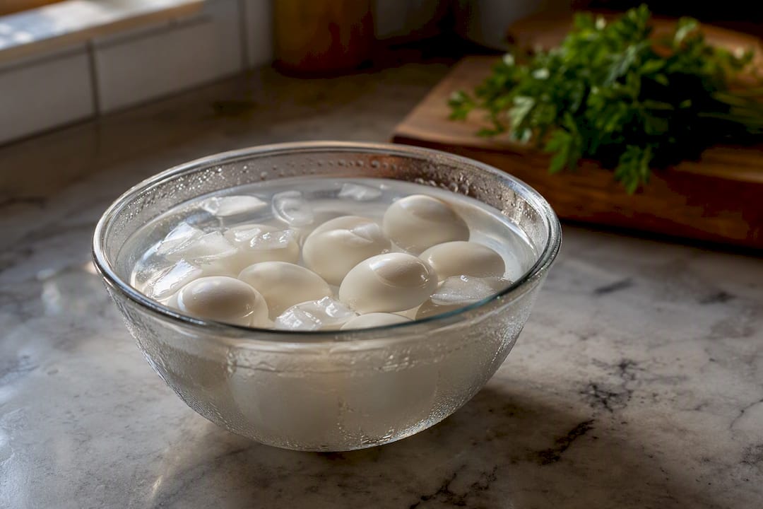 Eggs in ice water bath cooling
