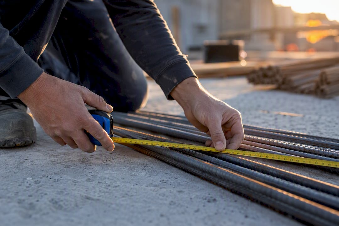 Hands measuring rebar for shadow takeoff