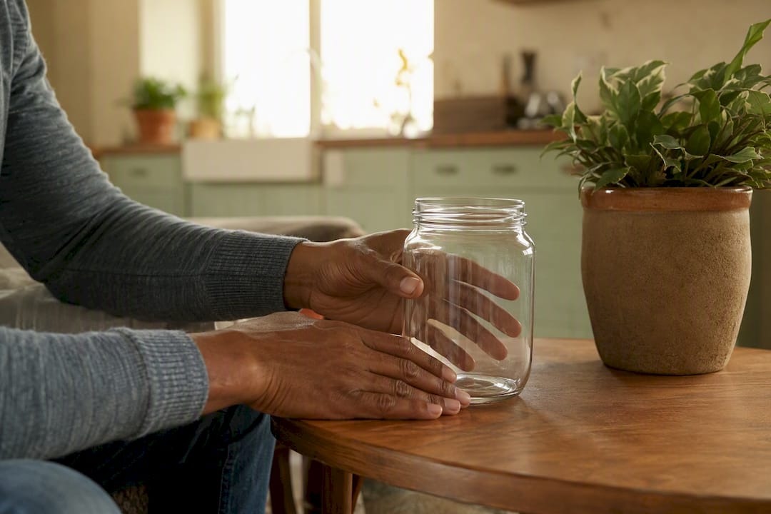Hands placing empty money jar on table