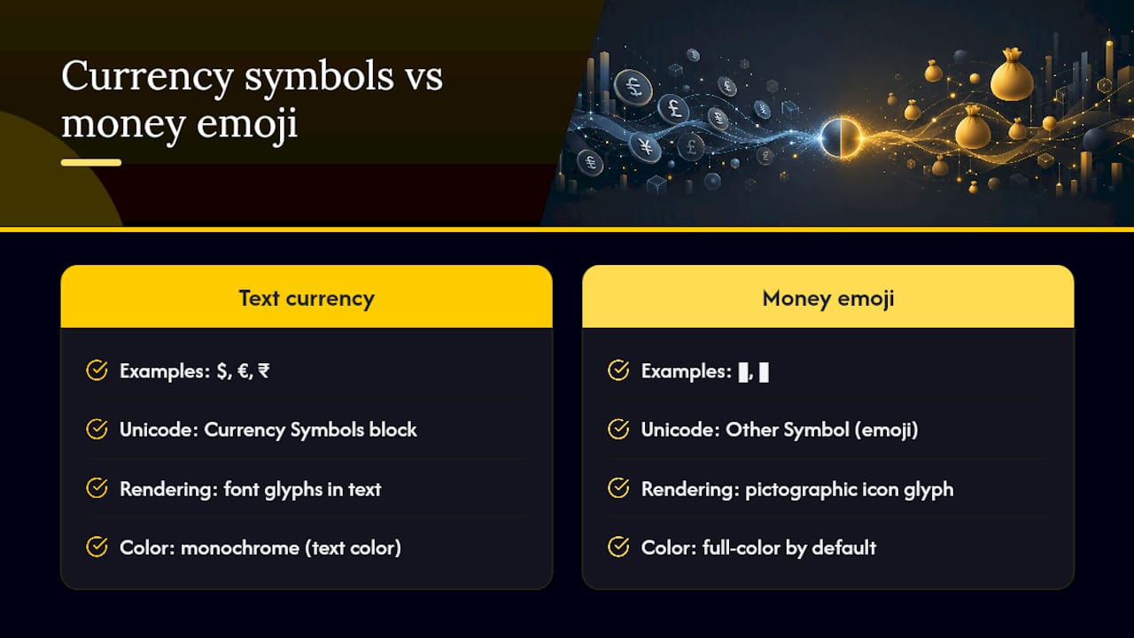 Comparison infographic of currency symbols and money emoji