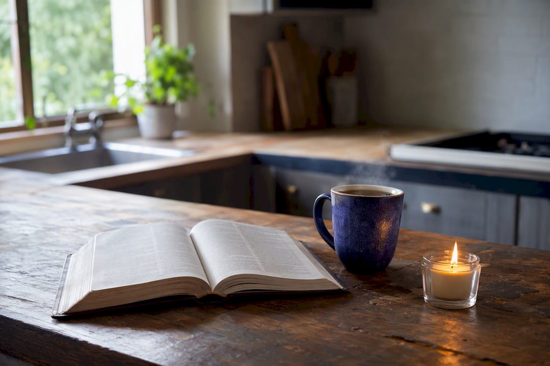 Open Bible with candle and flowers on table
