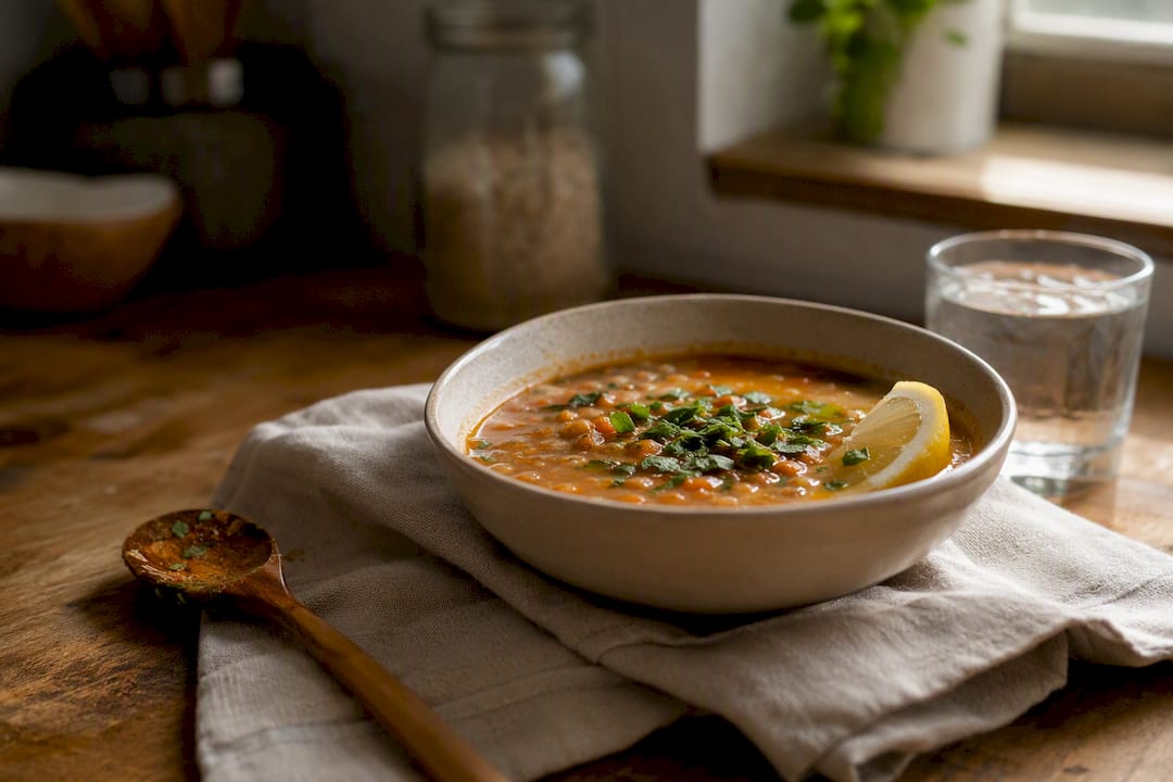 Nutritious lentil soup bowl with lemon wedge