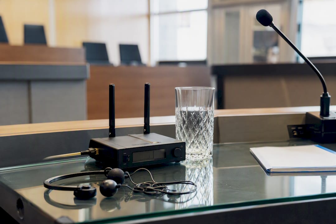 Courtroom interpreting equipment on side table
