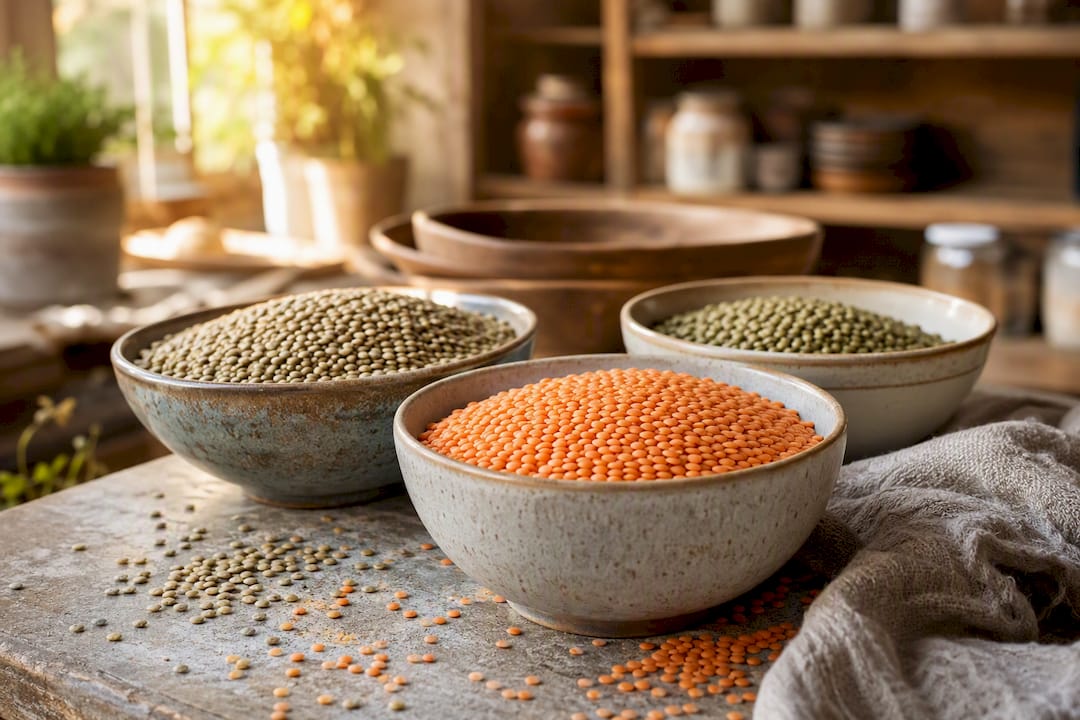 Bowls of red, green, and brown lentils