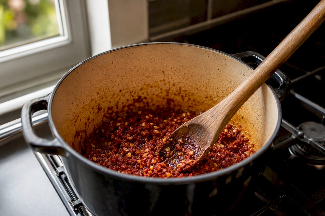 Toasting tomato paste and garlic in pan