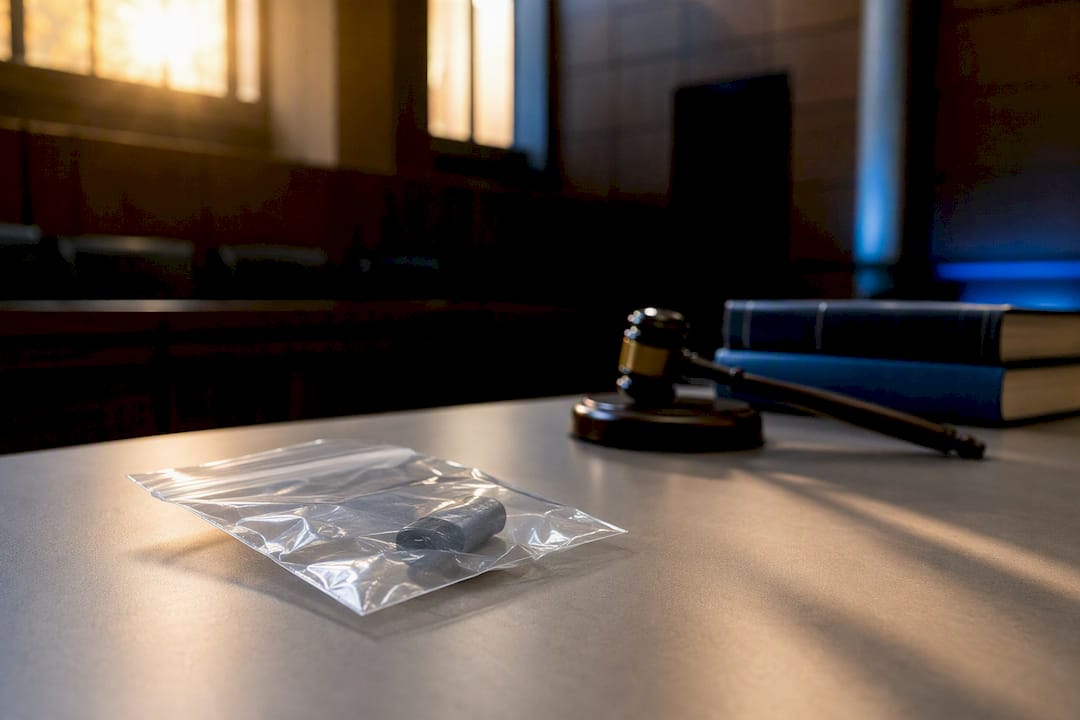 Sealed evidence bag on courtroom table