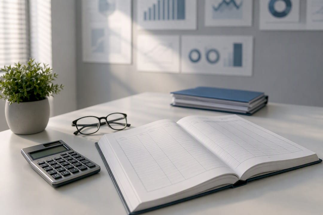 Workspace with financial ledger and calculator