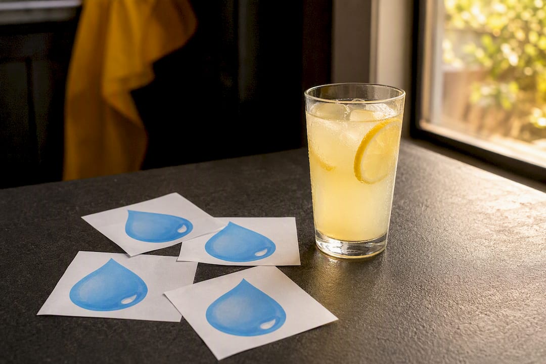 Sweat droplet emoji and refreshing sparkling water glass