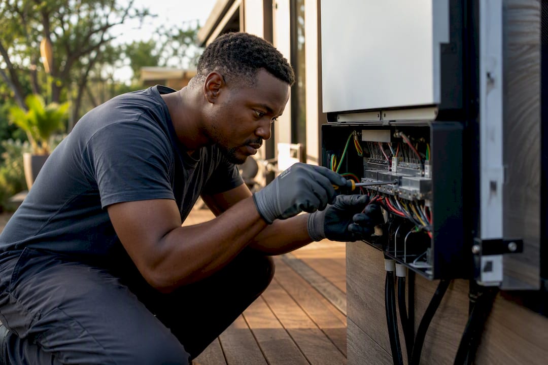Installer checking solar inverter wiring connections