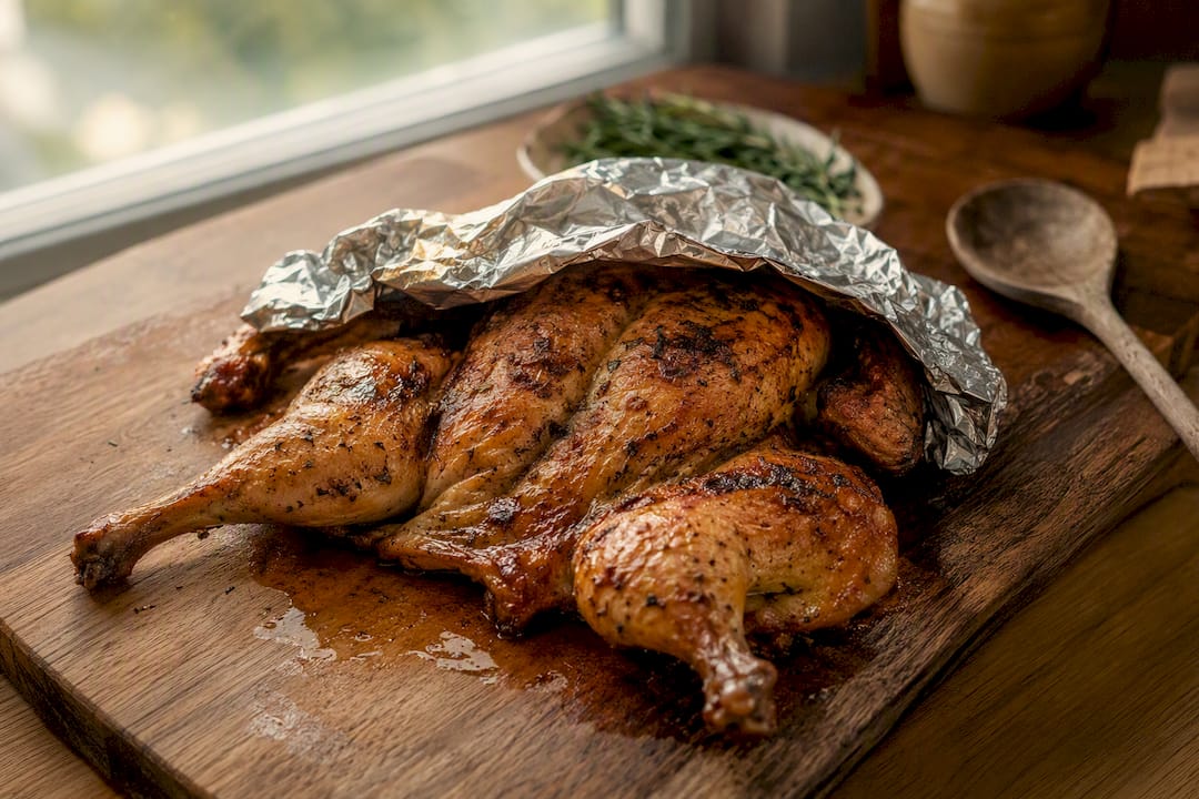 Spatchcock chicken resting with foil tent over breast