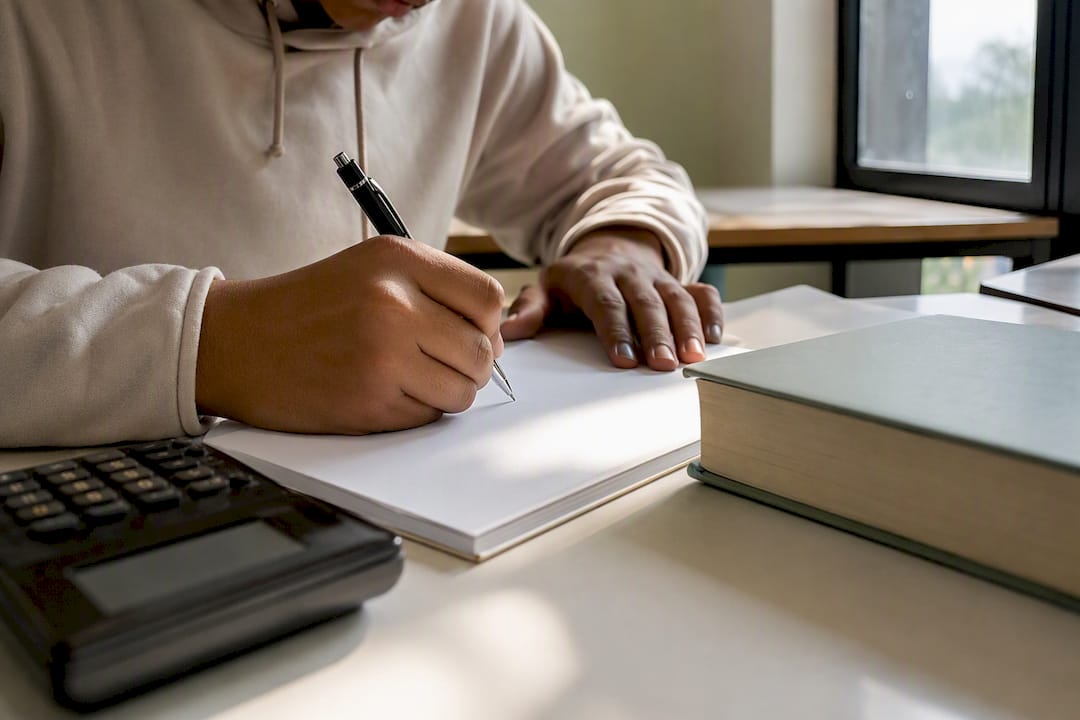 Exam desk with accounting study tools