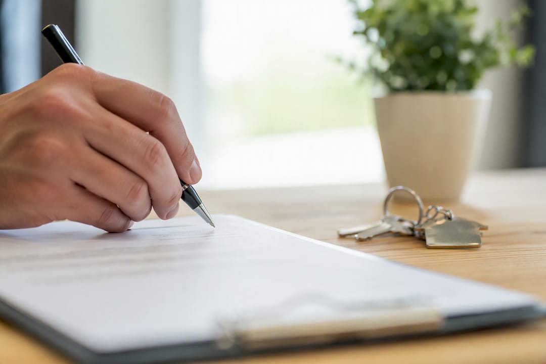 Mano che sta per firmare un contratto assicurativo vicino alle chiavi di casa
