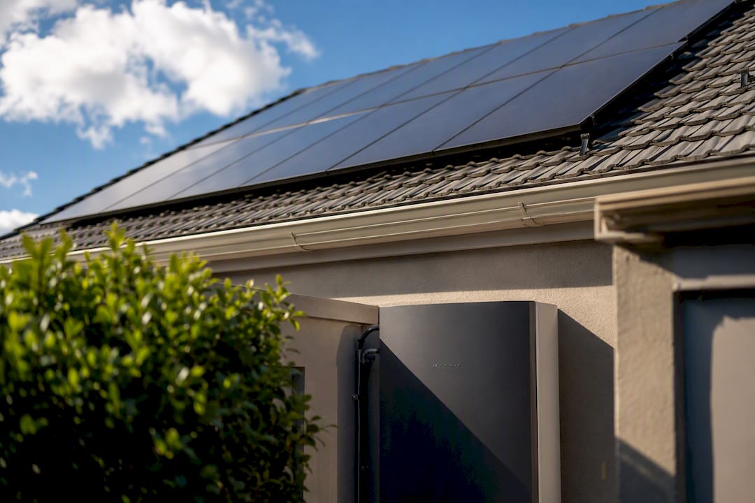Rooftop solar panels with battery storage close view
