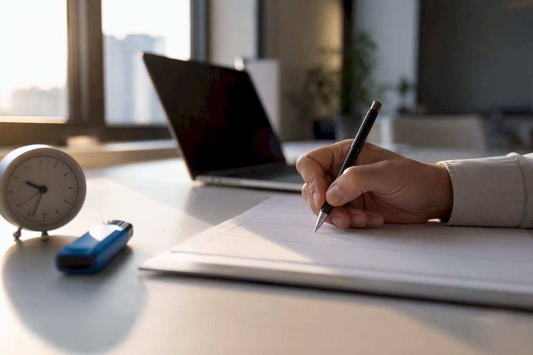 Hand adjusting blank form with pen on desk