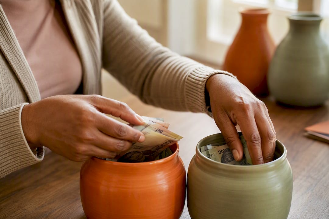 Hands sorting money into jars for budgeting