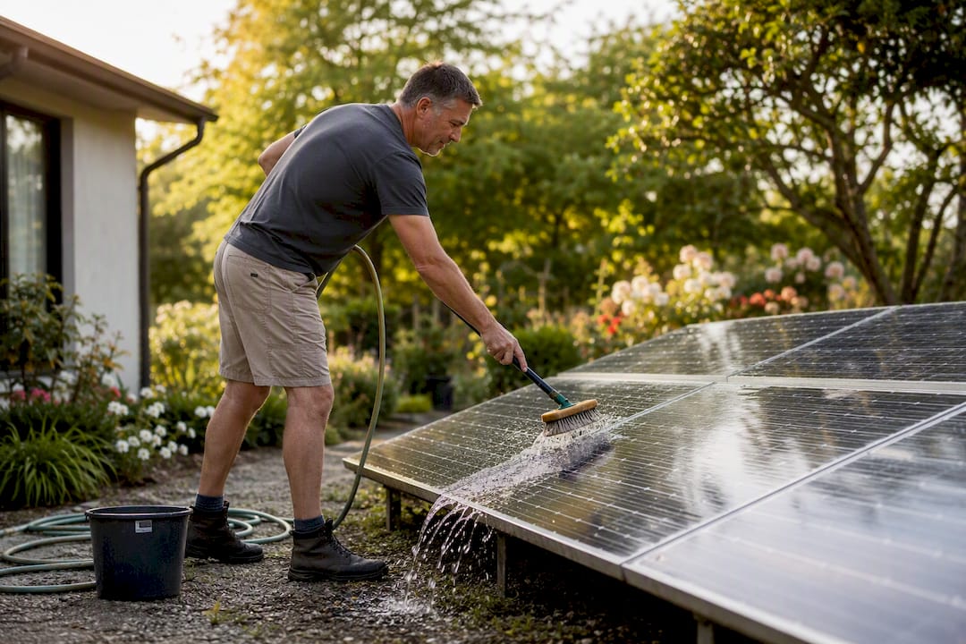 Person cleaning ground-level solar panels