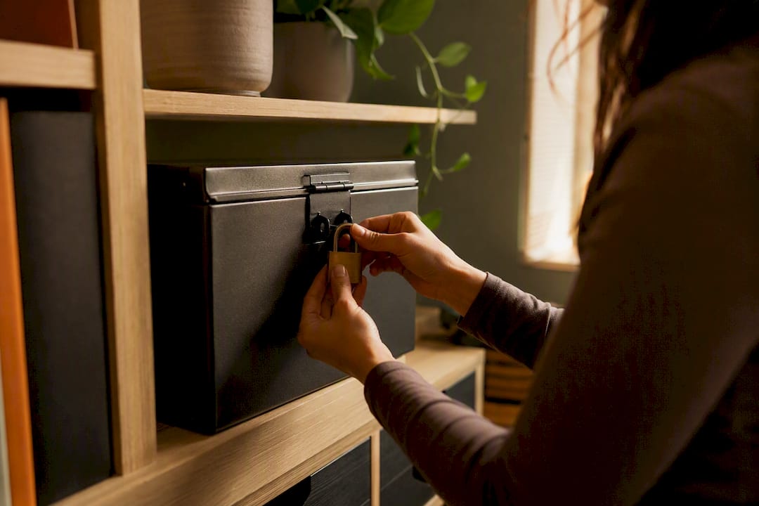 Hands locking legal evidence box