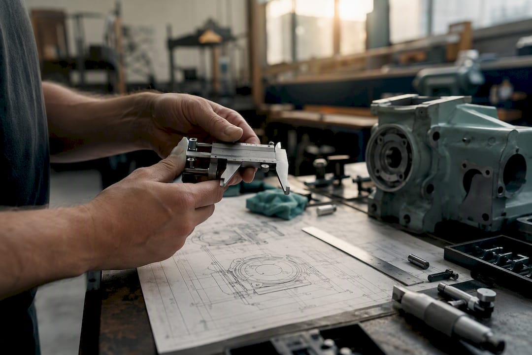 Engineer measuring part with caliper on blueprint