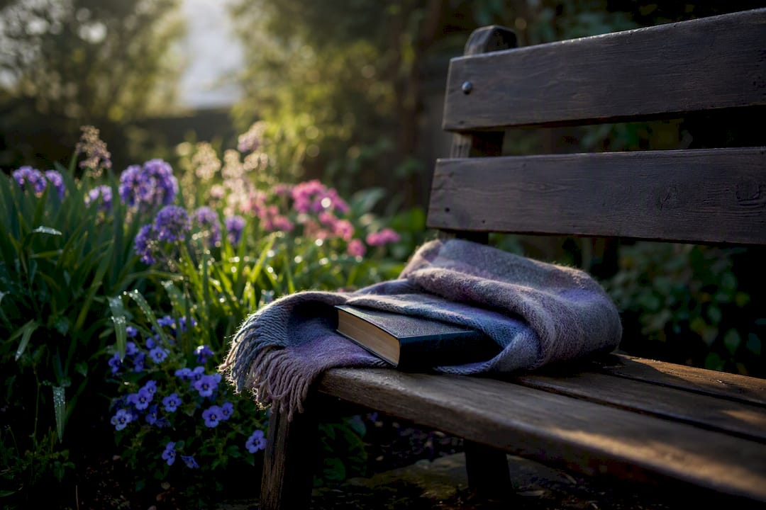 Bibbia sulla panchina in giardino alla luce del mattino