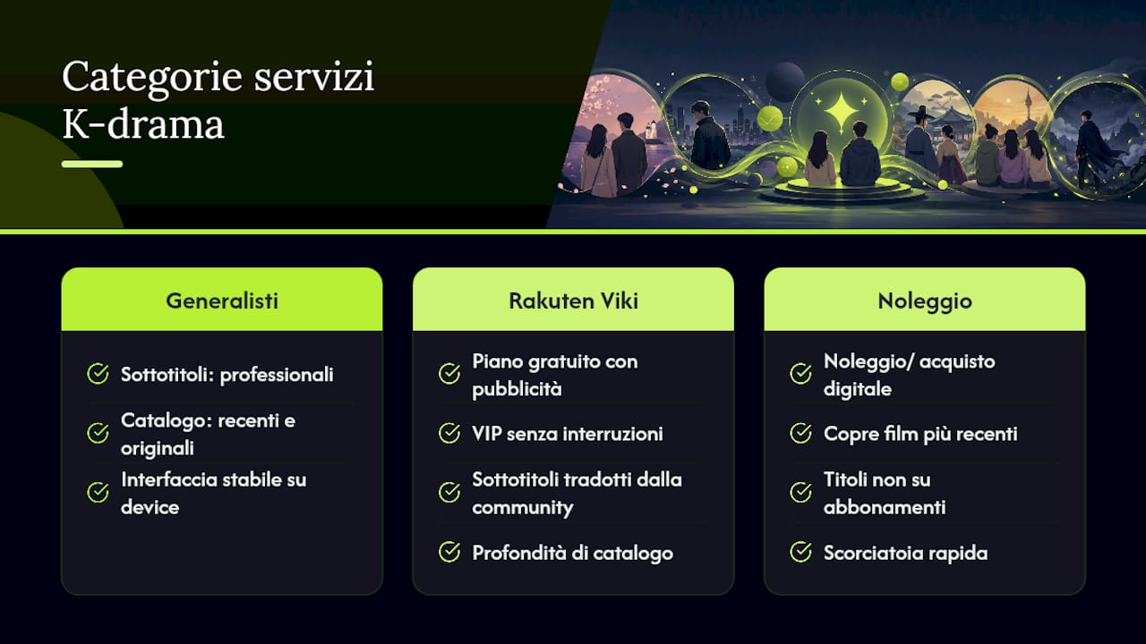 Diagramma che confronta le categorie delle piattaforme di streaming per i K-drama