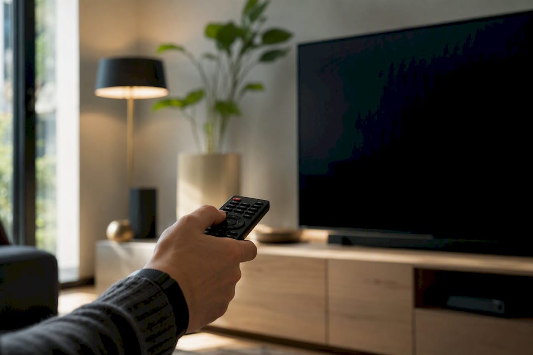 Mano che tiene il telecomando in salotto per lo streaming