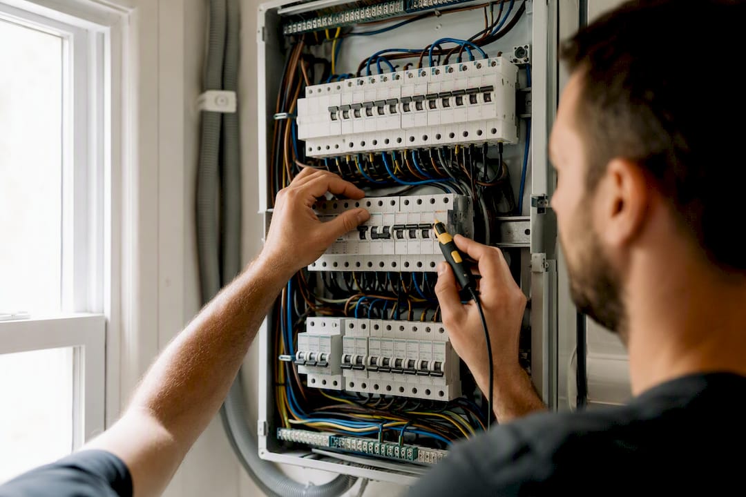 Electrician hands adjusting circuit breaker